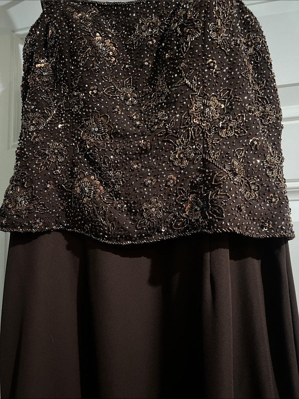 CAMERON BLAKE by Mon Cheri Brown Beaded Chiffon Ruffle Hem Evening Gown Size 10 - Picture 5 of 10